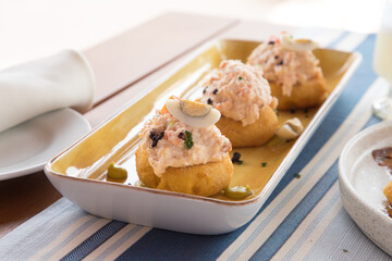 Causa peruvian food crab meat filling mashed potatoes