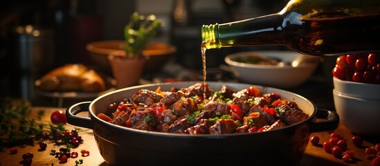 Red wine poured from bottle into pot to deglaze roasting goulash emphasizing home cooking