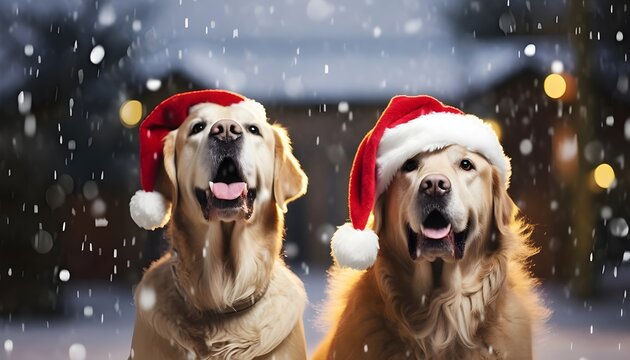 Cute image of two dogs dressed as Santa Claus with a background of snowflakes