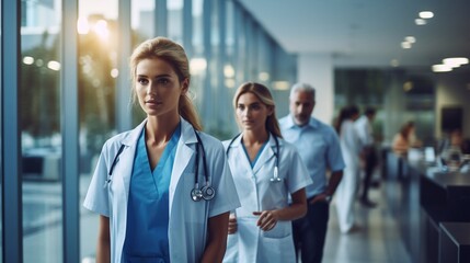 photo of professional lady doctor with nurses in hospital, doctors in the hospital corridors generative ai - obrazy, fototapety, plakaty