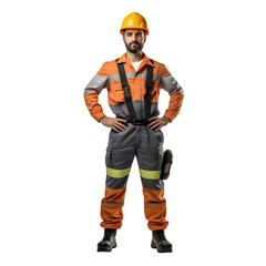 Young foreman with worker suit and safety helmet on isolated white background.