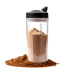 Whey protein powder with shaker for mixing isolated background. - obrazy, fototapety, plakaty