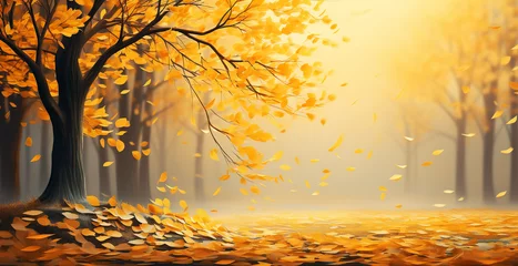Tuinposter Autumn landscape with wind blown tree leaves in painting style. Autumn background concept. Background, wallpaper and copy space. AI generated. © Czintos Ödön