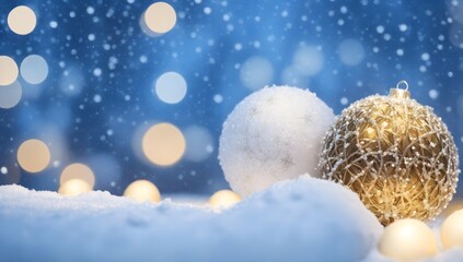 Fototapeta na wymiar Golden and white christmas balls on snow. Christmas background with baubles on a snowy surface and snow fall. Winter Xmas backdrop with bokeh lights.
