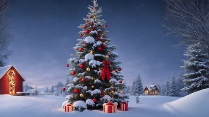 Christmas tree in the snow. Xmas night with a tall adorned tree and gifts on the snowy ground. Christmas background.