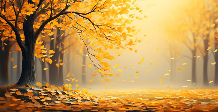 Autumn landscape with wind blown tree leaves in painting style. Autumn background concept. Background, wallpaper and copy space. AI generated.
