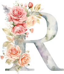 Floral letter R watercolour illustration created with Generative AI technology