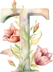 Floral letter T watercolour illustration created with Generative AI technology