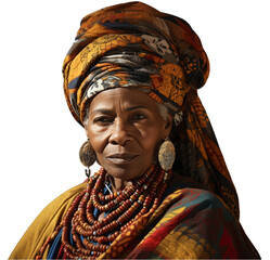 Portret starszej afrykańskiej kobiety w stroju narodowym, przeźroczyste tło, png. - obrazy, fototapety, plakaty
