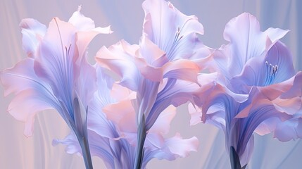  three blue and pink flowers in a vase on a table.  generative ai