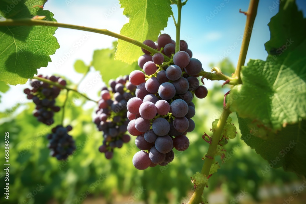 Poster a cluster of grapes hanging from a vine. this image can be used to depict vineyards, winemaking, agr