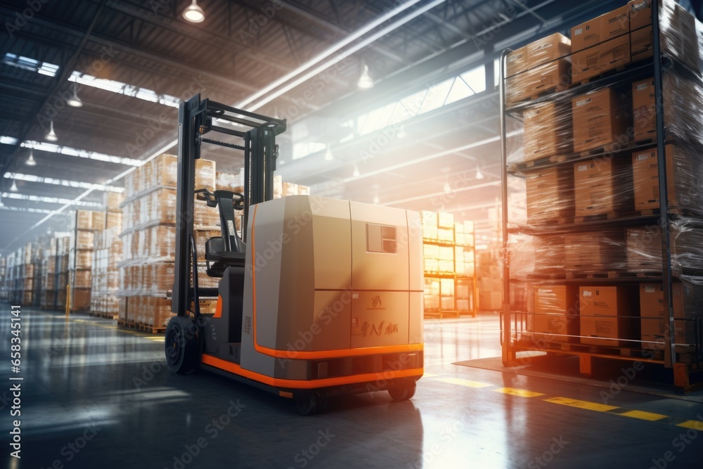 Aufkleber a forklift is seen moving through a warehouse. this image can be used to depict warehouse operations