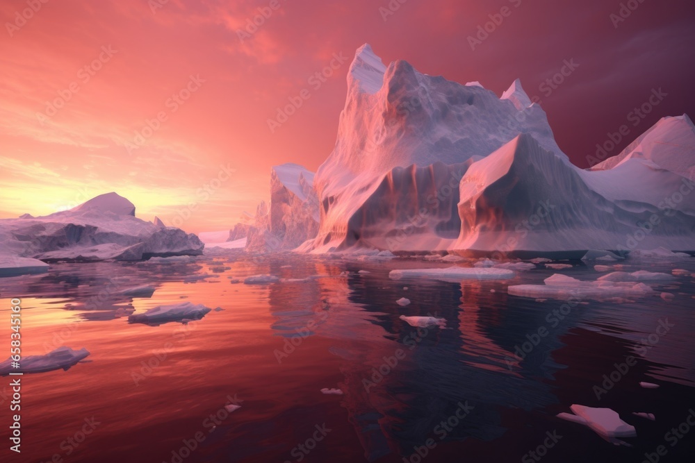 Poster a massive iceberg can be seen in the center of a body of water. this image can be used to depict the