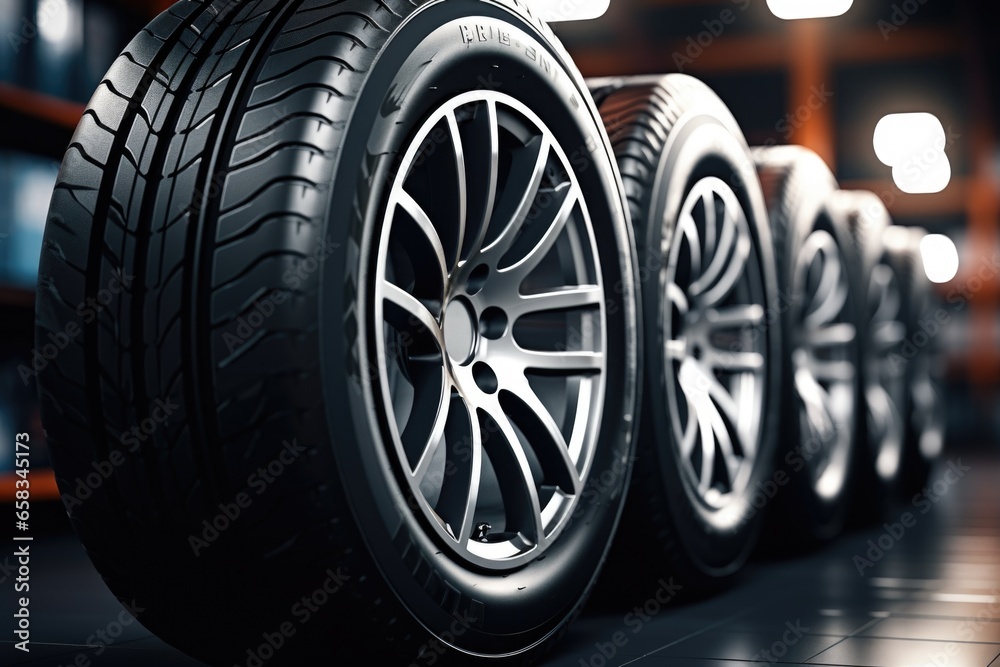 Poster A row of tires sitting on top of a tiled floor. This image can be used to represent a car workshop or tire store. .