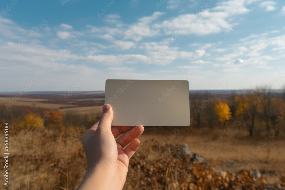 Poster a person holding up a white card in a field. this versatile image can be used for a variety of purpo
