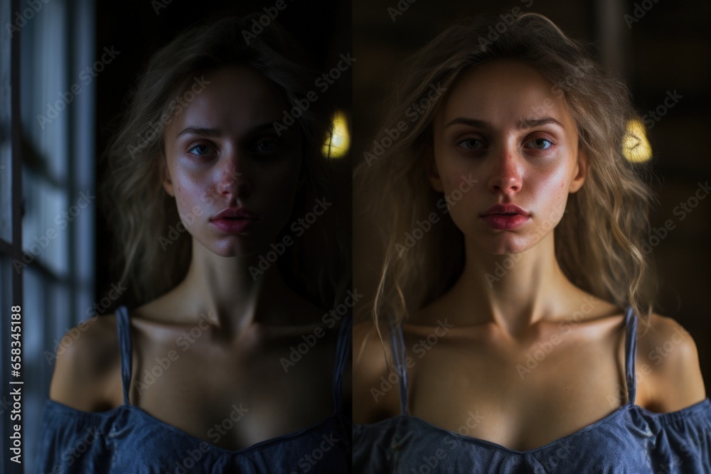 Poster Two women standing side by side in front of a window. Suitable for various concepts and themes.