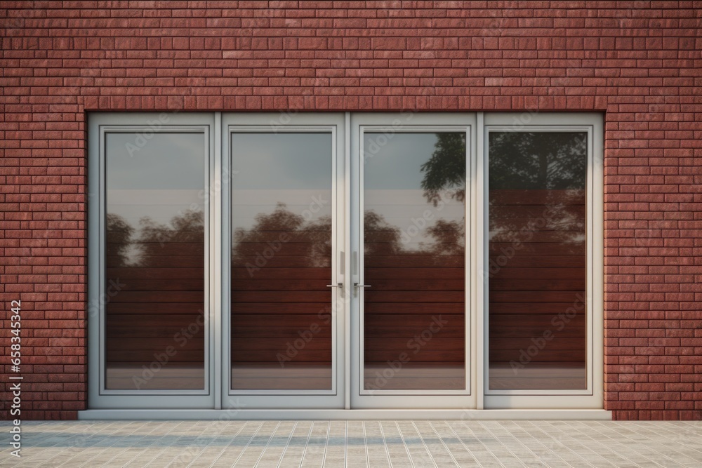 Poster a picture of a red brick building with two glass doors. this image can be used to represent a commer