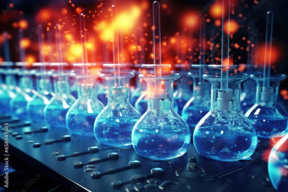 Poster a row of glass flasks filled with blue liquid. perfect for scientific and laboratory concepts.