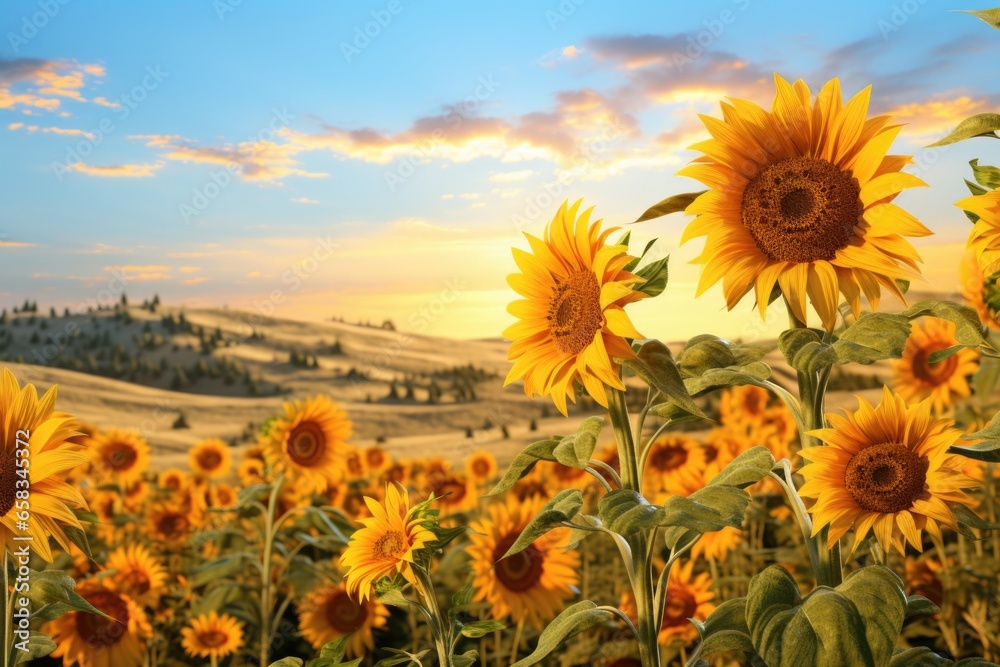 Aufkleber a stunning field of sunflowers with a beautiful sunset in the background. perfect for adding a touch