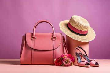pink handbag and shoes - obrazy, fototapety, plakaty
