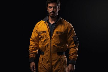 Obraz premium A man wearing a yellow jacket stands in a dark room. This image can be used to depict mystery, solitude, or a dramatic atmosphere.