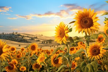 A stunning field of sunflowers with a beautiful sunset in the background. Perfect for adding a...