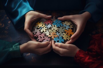 Two children holding a puzzle piece in their hands. Suitable for educational or family-themed projects.