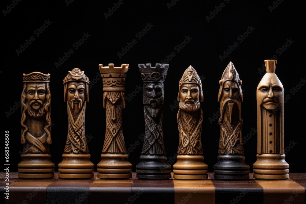 Poster a row of chess pieces on a chess board. this image can be used to illustrate strategic planning, dec