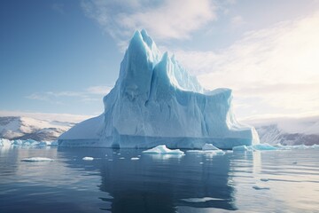 A stunning image of a large iceberg floating on top of a body of water. This picture captures the beauty and grandeur of nature's icy formations. Perfect for illustrating climate change, environmental - Powered by Adobe