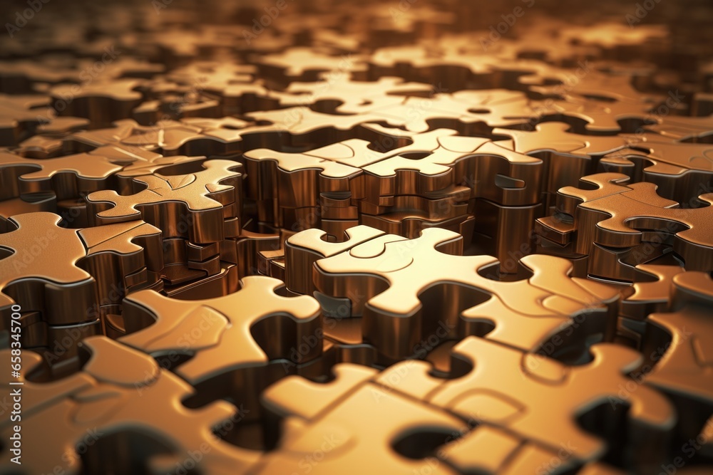 Poster A large group of puzzle pieces sitting on top of each other. Can be used for illustrating problem-solving, teamwork, or the concept of fitting pieces together.