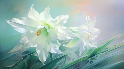  a painting of two white flowers on a blue background with green leaves.  generative ai