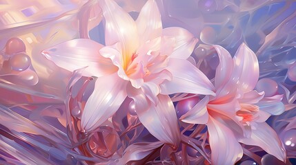  a digital painting of pink flowers in a blue and pink background.  generative ai