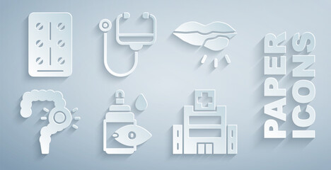 Set Eye drop bottle, Herpes lip, Gut constipation, Medical hospital building, Stethoscope and Pills blister pack icon. Vector