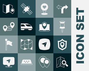 Set Search location, Location shield, Push pin, with heart, High-speed train, Route, Folded map marker and Laptop icon. Vector