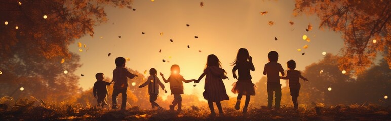 A Heartwarming Silhouette of Joyful Children under the Enchanting Sky of the Golden Hour