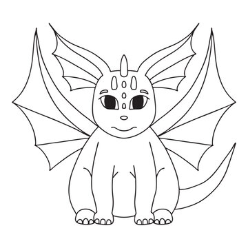 Little cute cartoon dragon. Vector illustration. Black and white illustration for a coloring book