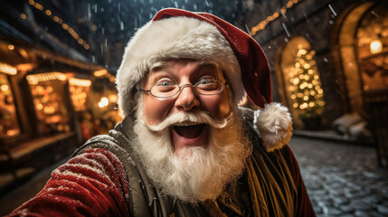 Ein Selfie des fr&ouml;hlichen Weihnachtsmanns mit einem lustigen und fr&ouml;hlichen Gesicht, verschwommener Weihnachtsmarkt mit Schneefall im Hintergrund