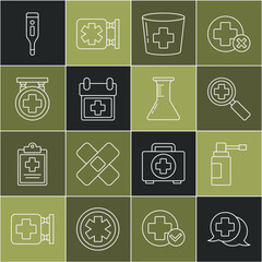 Set line Dialogue with the doctor, Magnifying glass for search medical, Nurse hat cross, Doctor appointment, Hospital signboard, digital thermometer and Test tube and flask icon. Vector