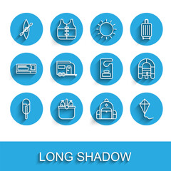 Set line Ice cream, Cooler bag and water, Kayak or canoe paddle, Hiking backpack, Kite, Rv Camping trailer, Rafting boat and Please do not disturb icon. Vector