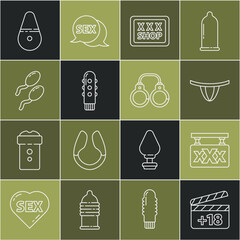 Set line Movie clapper with 18 plus content, Sex shop, Woman panties, Dildo vibrator, Sperm, and Sexy fluffy handcuffs icon. Vector