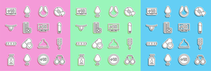 Set line Sexy fluffy handcuffs, Spanking paddle, Dildo vibrator, Birth control pills condom, Woman panties, Laptop with 18 plus content and Monitor icon. Vector