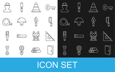 Set line Closed door, Triangular ruler, Hacksaw, Traffic cone, Worker safety helmet, Roulette construction, and Trowel icon. Vector