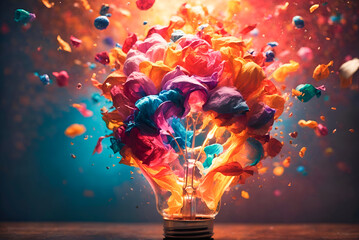 Vibrant Creative Light Bulb Burst, Inspiring New Ideas and Endless Possibilities - obrazy, fototapety, plakaty