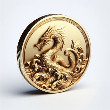 Gold coin with dragon image on white background