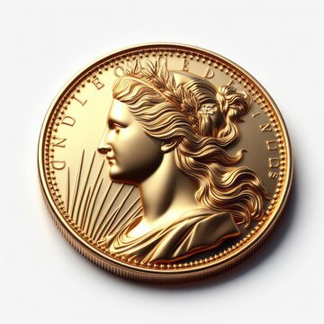 Gold coin with ancient woman face image on white background