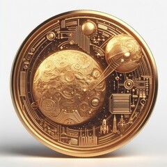 Gold coin with moon image on white background