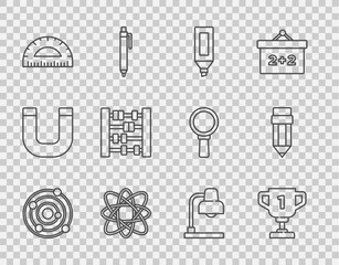 Set line Solar system, Award cup, Marker pen, Atom, Protractor, Abacus, Table lamp and Pencil with eraser icon. Vector