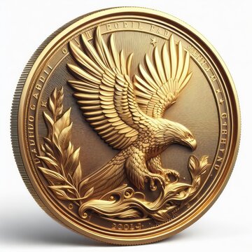 Gold coin with eagle image on white background