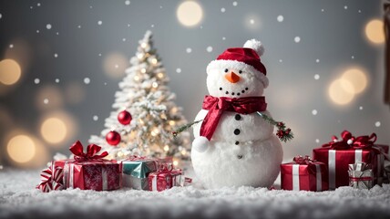 Naklejka na ściany i meble snowman with christmas tree and gifts
