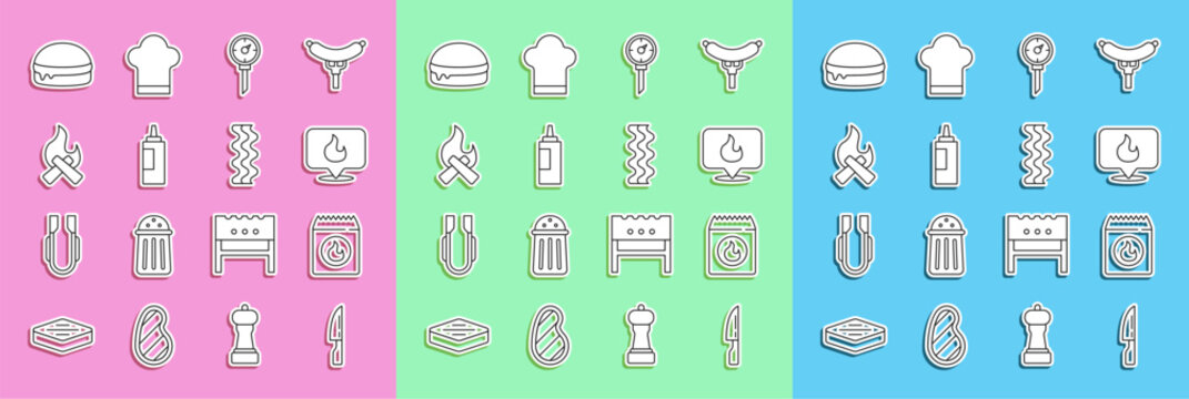 Set line Barbecue knife, coal bag, Location with fire flame, Kitchen thermometer, Sauce bottle, Campfire, Burger and Bacon stripe icon. Vector